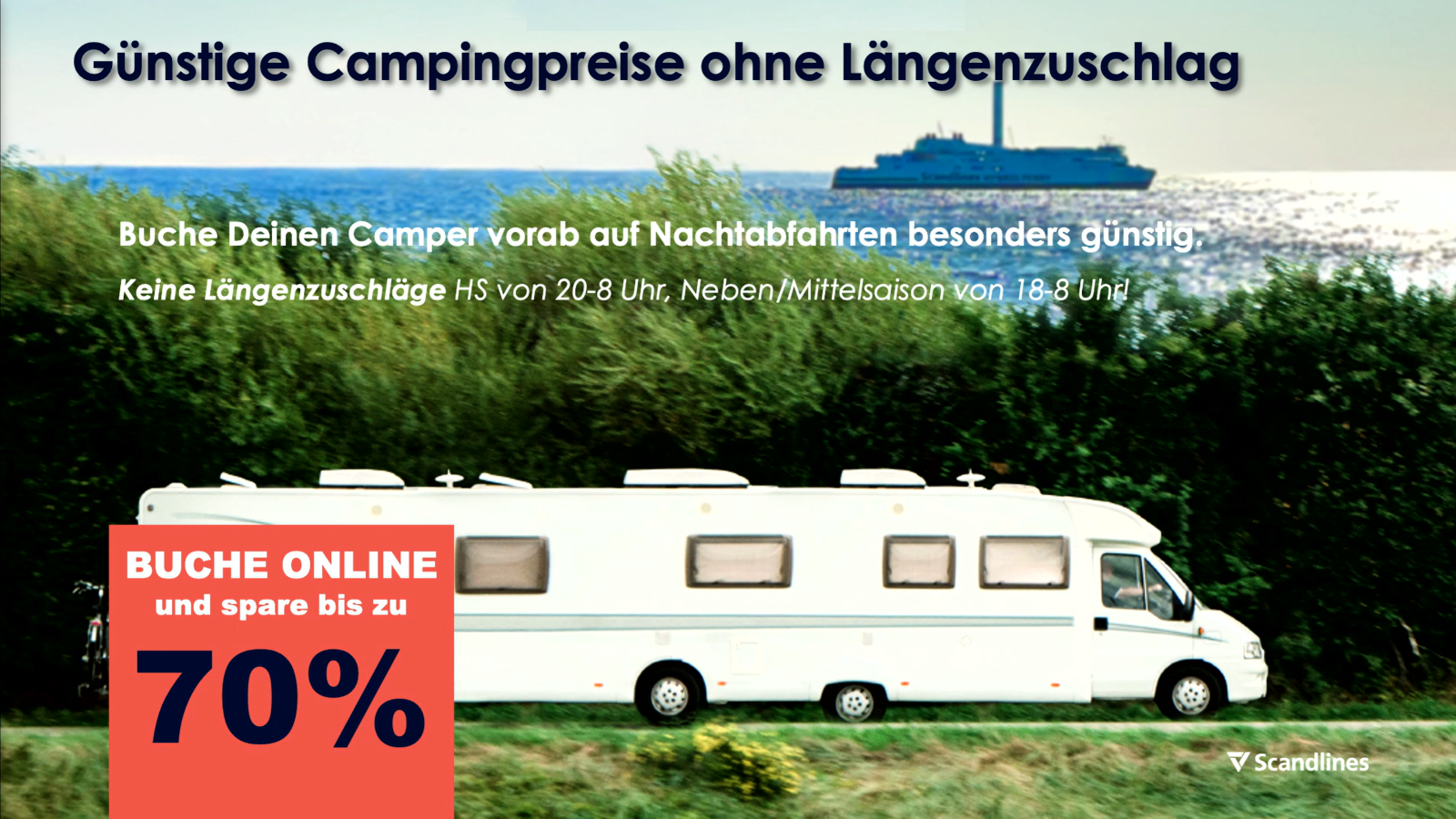 Scandlines Camper Ticket z korzystnymi cenami dla kamperów i samochodów z przyczepami kempingowymi bez dopłaty za długość.